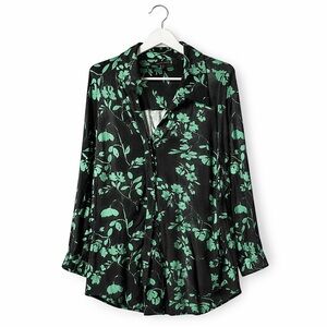 Universal Standard Size L Size 20-22 Black and Green Leaf Print Button Down